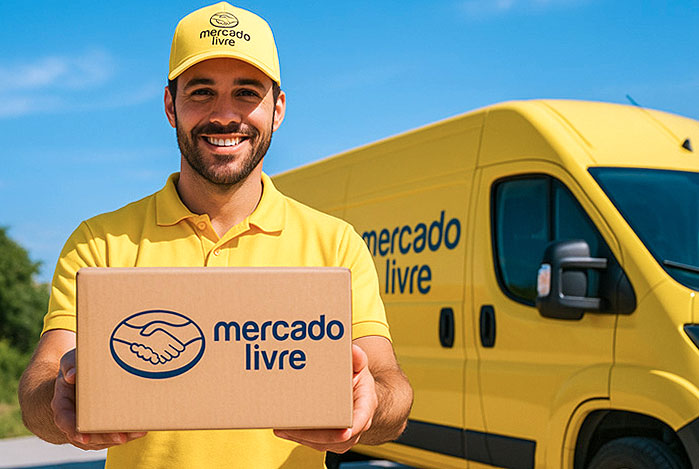 Mercado Pago: entregador de dropshipping Mercado Livre, segurando uma caixa e sorrindo em direção à câmera, e atrás dele uma van amarela do Mercado Livre