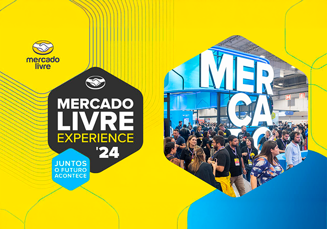 Folder com fundo amarelo e detalhes em azul, além do logo do Mercado Livre e do evento Mercado Livre Experience 24 e a frase 