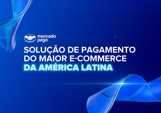 Imagem ilustrativa do Mercado Pago, com a escrita “solução de pagamento do maior e-commerce da América Latina”. O fundo está de cor azul, com algumas formas também em azul. 